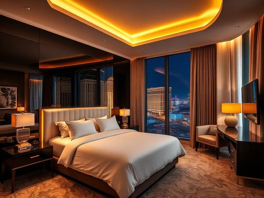 Modern Las Vegas hotel room with a nighttime city view